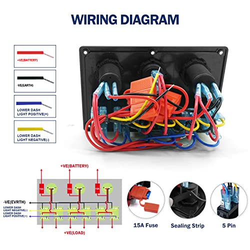 6 Gang Boat Rocker Switch Panel Marine 12V LED Illuminated Orange Rocker Switches, 12V Digital Voltmeter Display, 5V Dual USB Charger Socket for RV Car Tow Truck Vehicles Yacht Ship