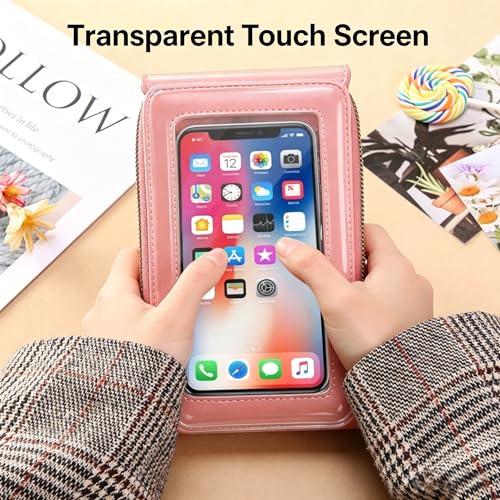 Touchscreen Phone Crossbody Bags for Women,Anti-Theft PU Leather Messenger Bag,RFID Blocking Small Mobile Phone Purse Wallet - color: Light Pink