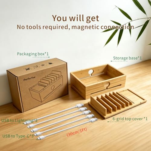 Bamboo Charging Station Organizer for Multiple Devices with 5 Cables