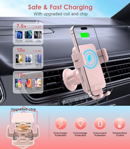 Wireless Car Charger 15W Fast Charging Auto-Clamping Air Vent Phone Mount - color: Pink