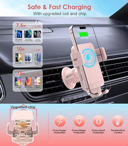 Wireless Car Charger 15W Fast Charging Auto-Clamping Air Vent Phone Mount - color: Pink