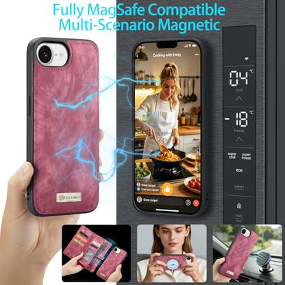 Compatible with iPhone 17E/16E Wallet Case with Magsafe,Red | Magnetic Detachable Case,Card Holder,Zipper Pocket,Strap Wristlet, Soft Leather Drop-Proof Phone Case for iPhone 17E/16E - color: (Detachable and Magsafe)-Red, size: iPhone 16E/17E 6.1 Inch