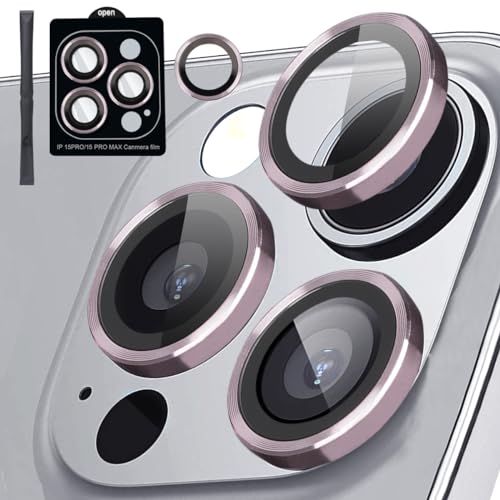 [3+1] Compatible for iPhone 15 Pro ＆ iPhone 15 Pro Max Camera Lens Protector 9H Tempered Glass Camera Cover Metal Individual Ring Full Coverage Camera Lens Protector with Removal Tool (pink) - color: pink