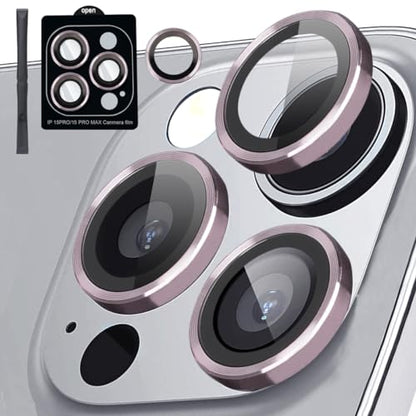 [3+1] Compatible for iPhone 15 Pro ＆ iPhone 15 Pro Max Camera Lens Protector 9H Tempered Glass Camera Cover Metal Individual Ring Full Coverage Camera Lens Protector with Removal Tool (pink) - color: pink