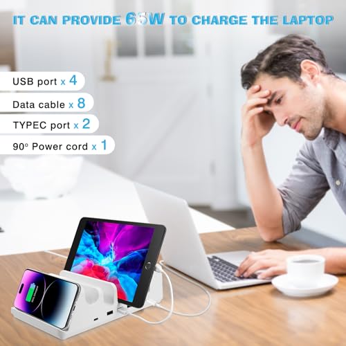 150W 6-Port Charging Station for Home with Fast Wireless Charging for Mobile & Wireless Charging Seats for 2 Airpods (Buds). 65W PD USB-C Port provided for laptops
