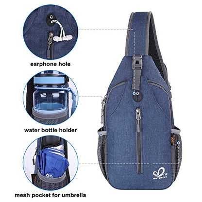 WATERFLY Crossbody Sling Backpack Sling Bag Travel Hiking Chest Bag Daypack | Small Hiking bag,Multi-compartment storage,Water-resistant,Breathable back pad,Reversible adjustable shoulder strap - color: Navy Blue