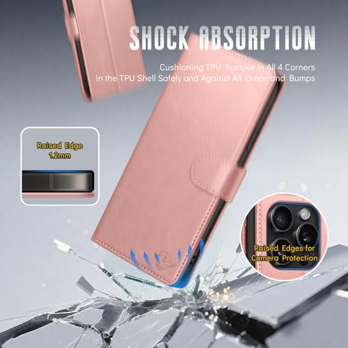 Wallet Case for iPhone 15 Pro Max 6.7", Pink | RFID-Blocking Card Holder, Kickstand, Magnetic Closure, PU Leather Folio Flip Cover, Protective Women Men Cases - color: Rose Gold, size: iPhone 15 Pro Max