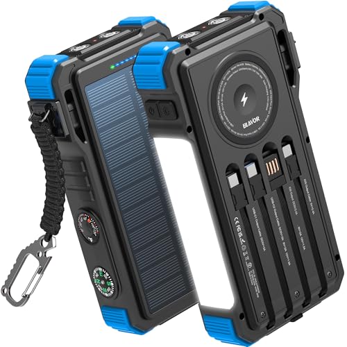 BLAVOR Solar Power Bank 20000mAh, Wireless Charger for Phones & Apple Watch - color: Blue