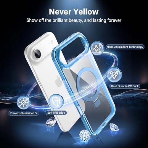 Magnetic Case for iPhone Air - [Built-in Invisible Stand] [Compatible with MagSafe] [Military Grade Drop Protection] Anti-Yellowing Hard Back Silicone Edge Cover, 6.5", Clear Blue - color: Clear Blue, size: iPhone Air 6.5''