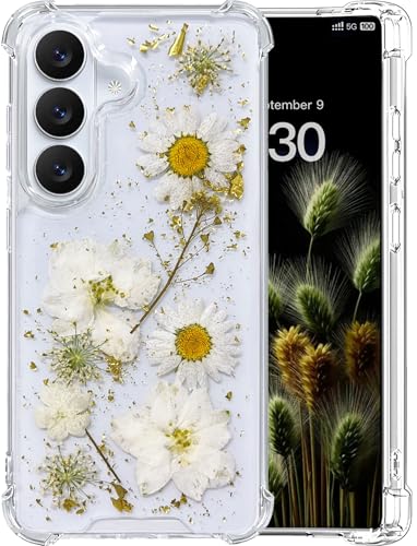 [Real Dried Flower] for Samsung Galaxy S26 Case Clear Glitter Dried Pressed Flower Case for Galaxy S26 Cute Soft Silicone TPU Bling Sparkle Women Girls Floral for Samsung S26 Cover(Daisy & Hibiscus) - color: White Flower, size: for Galaxy S26
