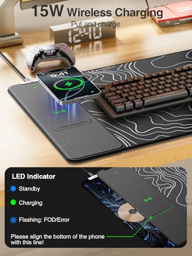 Wireless Charging Mouse Pad, 31.5"x15.8" Large Desk Mat, Smooth Glide - color: Black-31.5"x15.8"-Contour