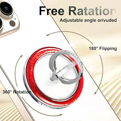 Transparent Shiny Magnetic Phone Ring Holder,360° Rotatable Removable Phone Grip,Clear Hot Red Sparkle Diamond Stylish Design Compatible with All Phones & Tablets - color: Clear Hot Red