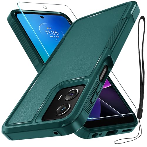 for Motorola Moto G Power 5G 2024 Case, Full Body Heavy Duty Rugged Shockproof Protective Phone Cover with Lanyard Strap, Tempered Glass Screen Protector,Dark Green | with Tempered Glass Screen Protector+Lanyard Strap,Rugged Shockproof Protective Phone Ca