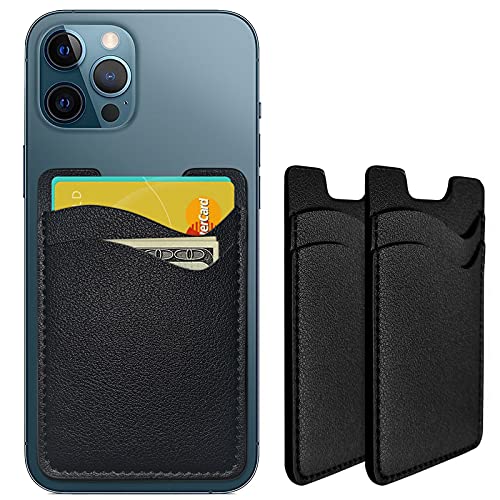 Phone Card Holder, Leather Phone Wallet Stick On Card Holder Back of Phone | Credit Card Holder for Phone Case Compatible with Most of Cell Phone (iPhone, Samsung) - 2Pack Black - color: Black