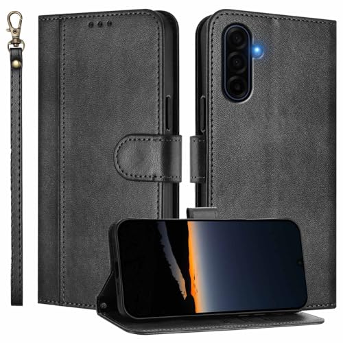 for Galaxy A17 5G Phone Case Wallet and Wrist Strap (Black) | Card Holder Slots, PU Leather, Flip Cover, Magnetic Closure, Kickstand, Folio Protective, for Samsung A17 Case - color: Black