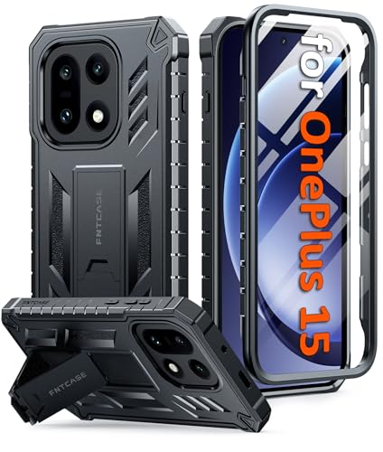 FNTCASE for OnePlus 15 Case, Built-in Screen Protector, Kickstand, Black | 20FT Military-Grade Drop Protection, Anti-Slip Matte Textured, Rugged Heavy Duty Shockproof TPU Protective Cover - color: Black, size: For OnePlus 15 6.78 Inch