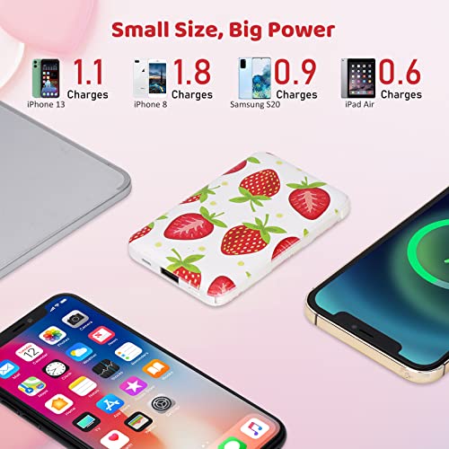 Sethruki Cute Portable Charger 5000mAh Ultra Slim USB C Power Bank for Girls Mini Fast Charging Small Battery Pack with Built in Cables for iPhone iPad Samsung Pixel Android Phones,Strawberry - color: strawberry