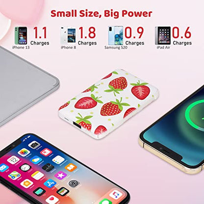 Sethruki Cute Portable Charger 5000mAh Ultra Slim USB C Power Bank for Girls Mini Fast Charging Small Battery Pack with Built in Cables for iPhone iPad Samsung Pixel Android Phones,Strawberry - color: strawberry