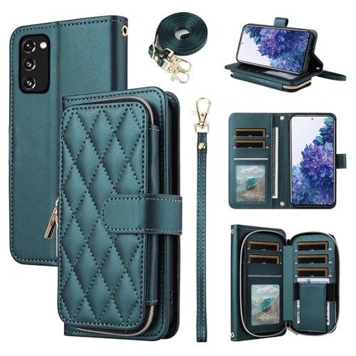 Wallet Case for Samsung Galaxy S20 FE 5G 6.5 inch with Wrist Strap, 9+ Card Slots Zipper Purse, PU Leather Stand Phone Cover for S 20 EF UW S20FE5G S20FE 20S S2O Fan Edition 4G G5 Green | Wrist/Shoulder Strap, 9+ Card Slots, Luxury PU Leather Phone Cover
