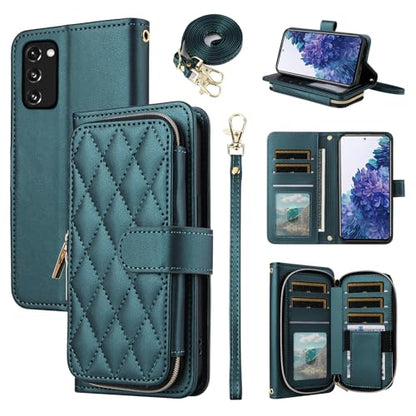 Wallet Case for Samsung Galaxy S20 FE 5G 6.5 inch with Wrist Strap, 9+ Card Slots Zipper Purse, PU Leather Stand Phone Cover for S 20 EF UW S20FE5G S20FE 20S S2O Fan Edition 4G G5 Green | Wrist/Shoulder Strap, 9+ Card Slots, Luxury PU Leather Phone Cover