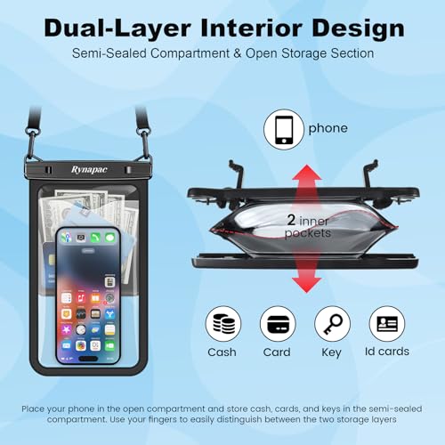 Rynapac Large Waterproof Phone Pouch [Up to 10"] - 2 Pack IPX8 Waterproof Phone Case for iPhone 17 16 15 Pro Max Galaxy S26 Ultra, Touchscreen & Underwater Photography, Beach Cruise Essentials 2026 - color: [Black + Pink] Large Waterproof Phone Pouch, siz