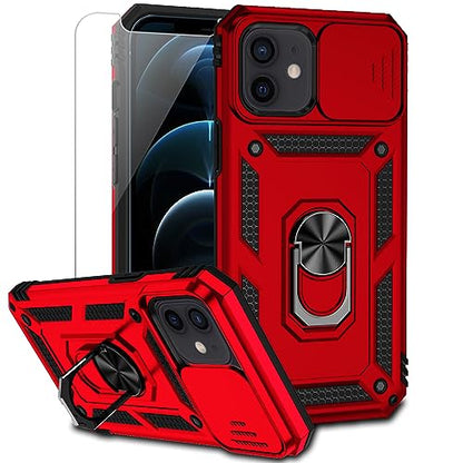 for iPhone 12 Mini Case with Camera Lens Cover HD Screen Protector, Dual Layer Military Grade Drop Protection Magnetic Ring Holder Kickstand Protective Phone Case for iPhone 12 Mini 5.4 inch (Red) - color: Red with camera cover Military-Grade 2nd gen
