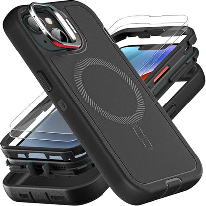 YKHJKLEC for iPhone 13/14 Case, Military Grade 3 in 1 Heavy Duty Shockproof/Drop Proof/Dust Proof with Kickstand Case, with 2 x Tempered Glass Screen Protector (ZJ-Black/Black) - color: ZJ-Black/Black