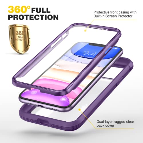 Diaclara Compatible with iPhone 11 Case, Full Body Rugged with Built-in Touch Sensitive Anti-Scratch Screen Protector, Soft TPU Bumper Case Clear Compatible with iPhone 11 6.1" (Purple and Clear) - color: Deep Purple, size: iPhone 11
