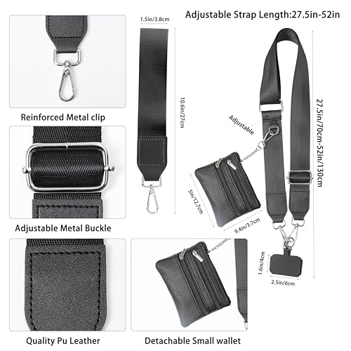 Clip and Go Phone Strap with Zippered Pouch,Phone Strap with Cellphone Chain Accessories - color: Black