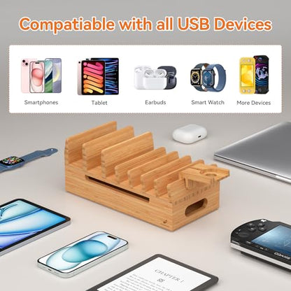 Bamboo Charging Station with 5 Port Charger HUB & 5 Cables-Natural Bamboo - color: Natural Bamboo