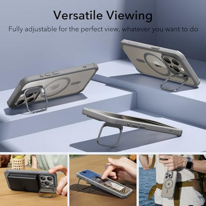 ESR for iPhone 15 Pro Case with Stand, Compatible with MagSafe, Full-Body Military-Grade Drop Proof Case with Built-in 9H+ Tempered Glass Screen Protector, Armor Series, Clear Grey - color: Clear Grey + Stand