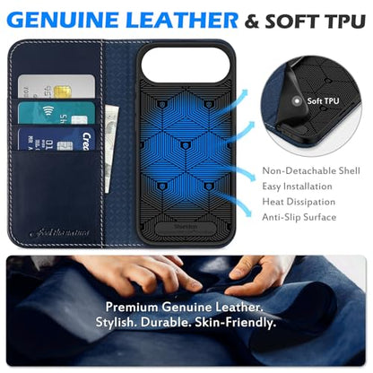 SHIELDON Genuine Leather Case Wallet for iPhone Air 6.5", Retro Dark Blue | Magnetic Closure, RFID Blocking, Credit Card Holder, Kickstand, Folio Design, Soft TPU Shockproof Phone Cover - color: Retro Dark Blue