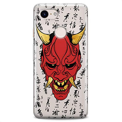 TPU Case Compatible for Google Pixel 9 8 Pro 7a 6a 5a XL 4a 5G 2 XL 3 XL 3a Devil Clear Print Red Design Samurai Soft Face Slim fit Horns Man Cute Golden Fangs Flexible Silicone Head - color: Devil Mask