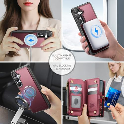 Defencase for Galaxy S26 Case Wallet Compatible with Magsafe 6.3", Wine Red | Magnetic Detachable, with RFID Bolcking Card Holder, Zipper Strap, PU Leather Drop-Proof Phone Cover for Samsung Galaxy S26 - color: (Detachable with Magsafe)-Wine Red