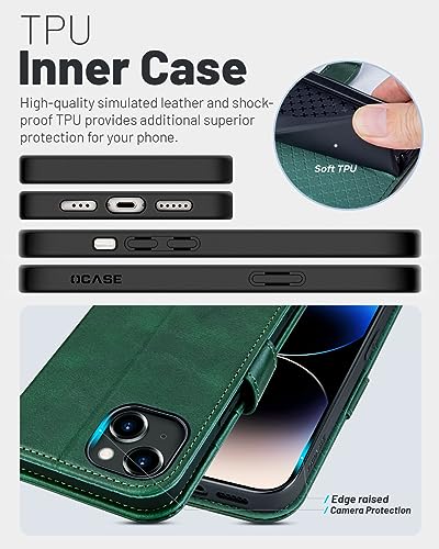 OCASE Compatible with iPhone 15 Wallet Case, PU Leather Flip Folio Case with Card Holders RFID Blocking Kickstand [Shockproof TPU Inner Shell] Phone Cover 6.1 Inch 2023, Blackish Green - color: Blackish Green