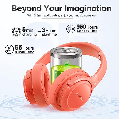 BERIBES Bluetooth Headphones Over Ear Wireless HiFi Stereo Headsets 65H 6EQ - color: Orange red