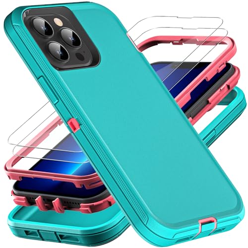 YKHJKLEC for iPhone 13 Pro Max Case, Military Grade 3 in 1 Heavy Duty Shockproof/Drop Proof/Dust Proof Case with 2Pcs Tempered Glass Screen Protector (Aqua Blue/Pink) - color: Aqua Blue/Pink