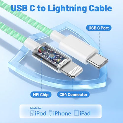 20W Lightning Cable to USB C, [Apple MFi Certified] Braided Fast Cable - color: Green, size: 20W-6FT+10FT