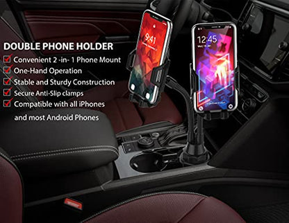 Dual Phone Holder for Car Cup Holder – Long Flexible Neck, 360° Rotatable Car Phone Mount - Adjustable Cell Cup Holder, Universal Size Fits 2 iPhone, Samsung, GPS and More (Cradle) - style: Cradle Holders