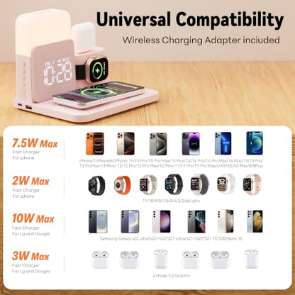 7 in 1 Wireless Charging Station, 25W Charger with Alarm Clock Night Light - color: Pink