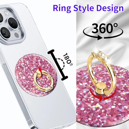 Magnetic Phone Ring Holder Compatible with MagSafe, Cute Phone Grip Stand with 360° Rotation Gold Glitter Finger Ring Kickstand Accessories for Most Phones Glitter Pink Pattern