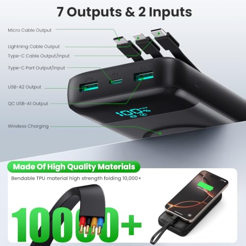 Wireless Portable Charger 40800mAh with 3 Built-in Cables,7-in-1 15W Wireless Charging Power Bank,25W PD QC 4.0 Fast Charging USB C Travel Essentials Battery Pack for iPhone 17/16/15/14,Galaxy,Android