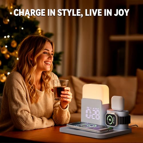 7 in 1 Wireless Charging Station, 25W Charger with Alarm Clock Night Light - color: Blue