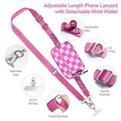 Tiostep Clip and Go Strap for Phone with Wallet Crossbody Phone Lanyard Adjustable and Detachable RFID Wristlet Wallet (Hot Pink Checkered, Large) - color: Hot Pink Checkered, size: Large