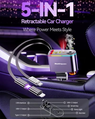 5 in 1 Retractable Car Charger USB C, Car Phone Charger for Dual Cables