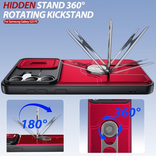 Dizn for Samsung Galaxy S25 FE Case:[Not Fit Samsung S25+] with Slide Camera Cover,360°Ring Stand,Lanyard,[2 Pcs] Explosion-Proof Film,Military-Grade Shockproof Protective,for Samsung S25 FE,Red - color: Red