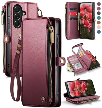 Defencase for Samsung Galaxy A37 5G Wallet Case with Card Holder, WineRed | RFID Blocking, Zipper Pocket, Durable PU Leather, Wrist Strap, Fashion Snap Flip Phone Cases Cover with Stand for Women Men - color: Wine Red