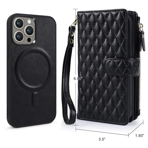 for iPhone 15 Pro Case Wallet,Compatible with MagSafe 2 in 1 Magnetic Detachable PU Leather RFID Blocking Wallet Cover Card Holder Zipper Wrist Strap Lanyard,Quilted Black - color: Quilted Black, size: iPhone 15 Pro