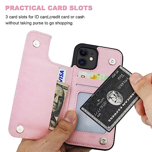 ONETOP for iPhone 12 & iPhone 12 Pro Wallet Case with Card Holder,Pink | Kickstand,ID/Cash Holder,Case Wallet with Card Slots,Double Magnetic Clasp,Durable PU Leather Shockproof Cover for Women Men - color: Pink