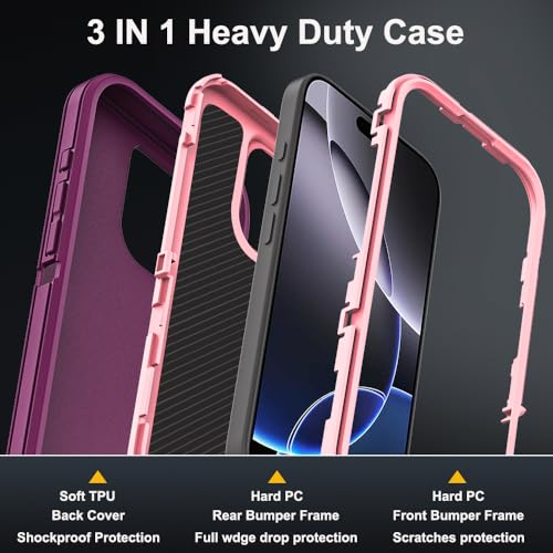 for iPhone 16 Pro Max Case with 2Pcs Tempered Glass Screen Protector, Military Grade 3 in 1 Heavy Duty Shockproof/Drop Proof/Dust Proof Case (Wine Red/Rose Pink) - color: Wine Red/Rose Pink